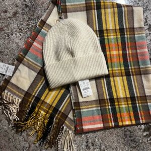 J.Crew Plaid Scarf + Ivory Ribbed Beanie Set NWT Cozy Winter Bundle